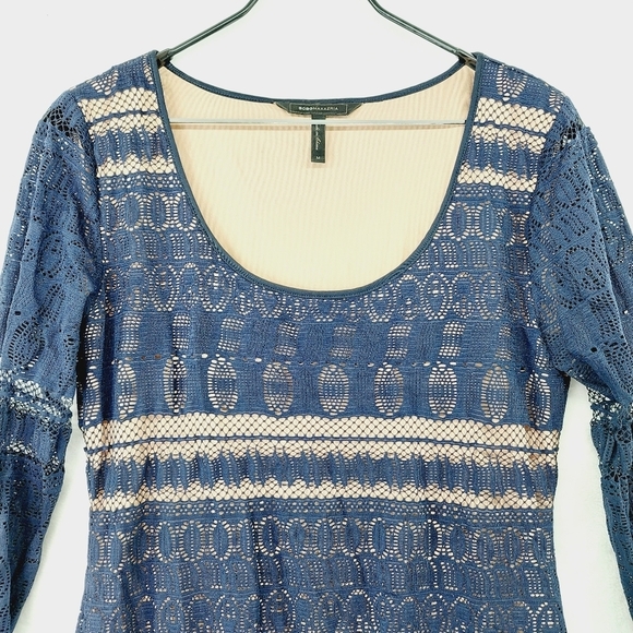 BCBG MaxAzria Dark Blue Lace Long Sleeve Scoop Neck Midi Dress - Picture 2 of 13